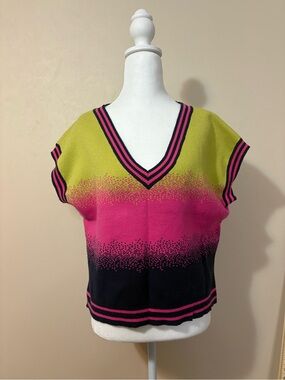 Circus NY V-Neck Sweater Vest in Lime Pink & Black size large women’s